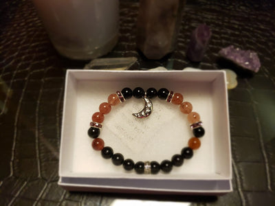 Rainbow Obsidian & Strawberry Quartz "New Moon" Silver Charm Bracelet