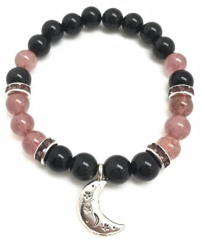 Rainbow Obsidian & Strawberry Quartz "New Moon" Silver Charm Bracelet